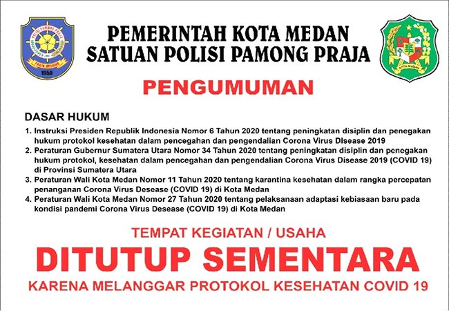 Pemko Medan Tindak Pelaku Usaha Langgar Protokol Kesehatan